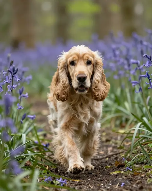 Golden English Cocker Spaniel walks toward the camera along a forest path lined with purple bluebells in spring