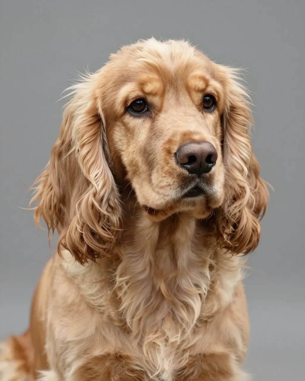 A close-up portrait of a golden cocker spaniel with long wavy ears against a plain gray background