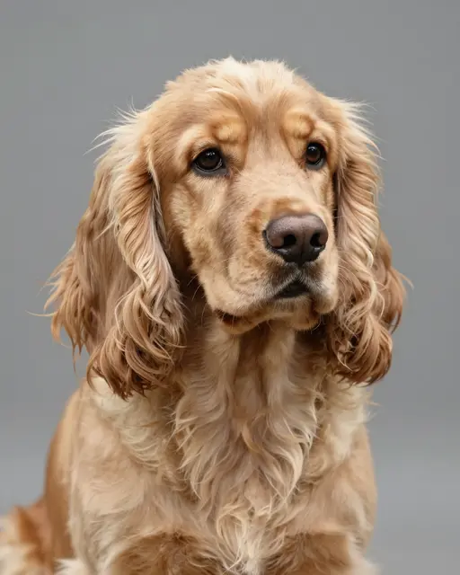 A close-up portrait of a golden cocker spaniel with long wavy ears against a plain gray background