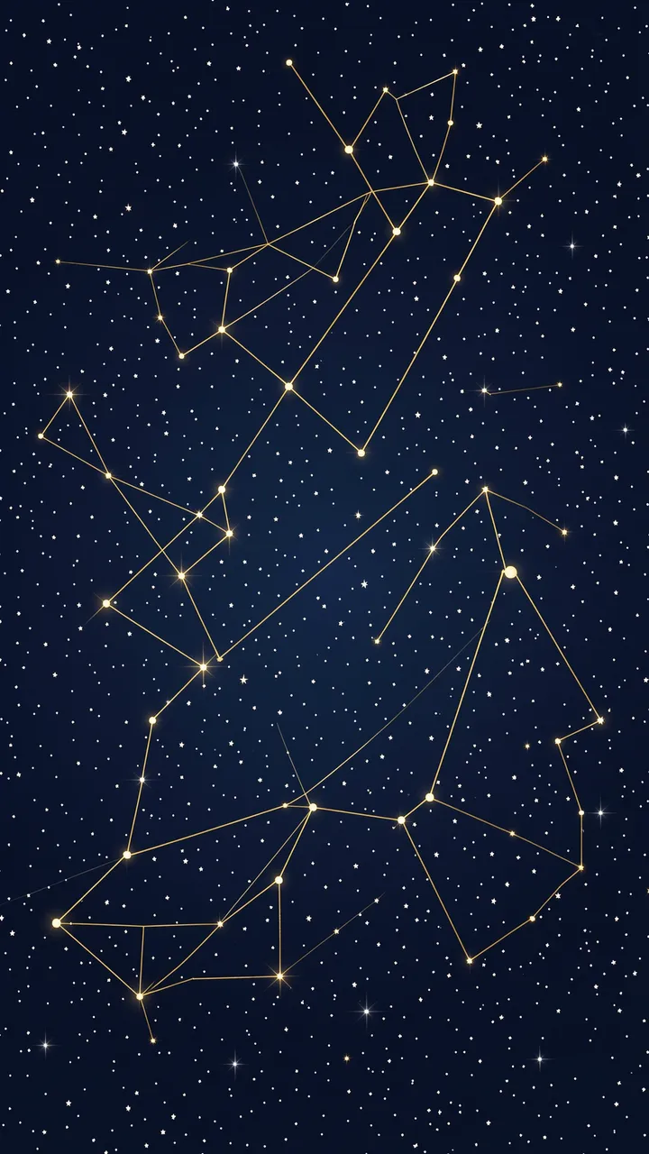 A vertical dark blue starry sky with loose constellations connected by thin gold lines