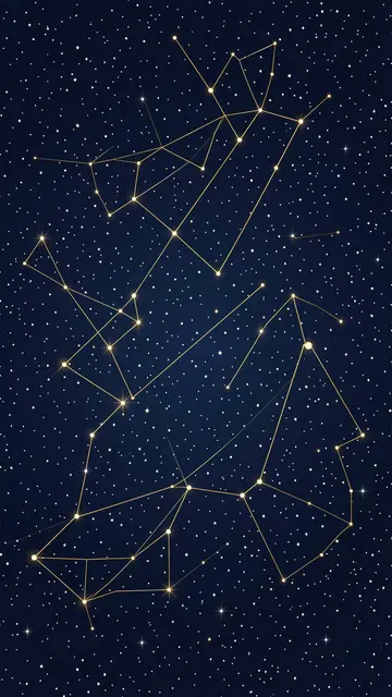 A vertical dark blue starry sky with loose constellations connected by thin gold lines