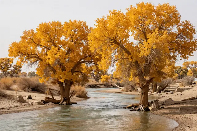 Golden autumn cottonwood trees line a slow winding river in a sandy desert landscape