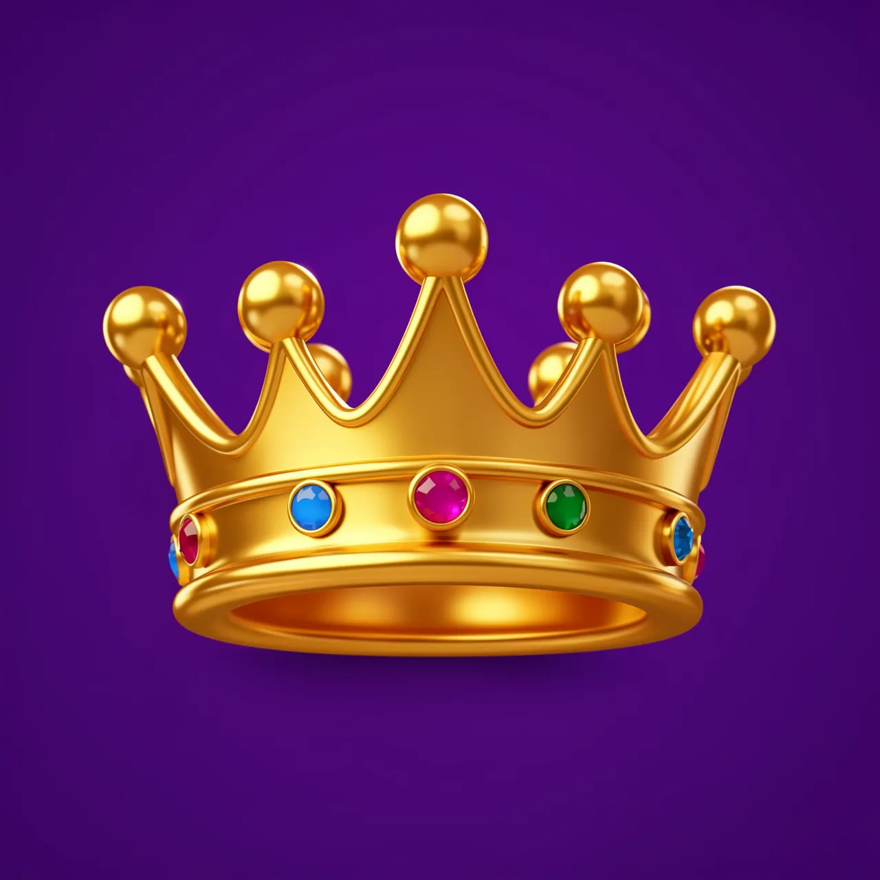 Glossy golden crown with colorful round jewels floats against a solid deep purple background