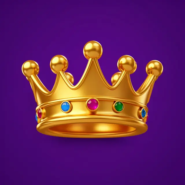 Glossy golden crown with colorful round jewels floats against a solid deep purple background