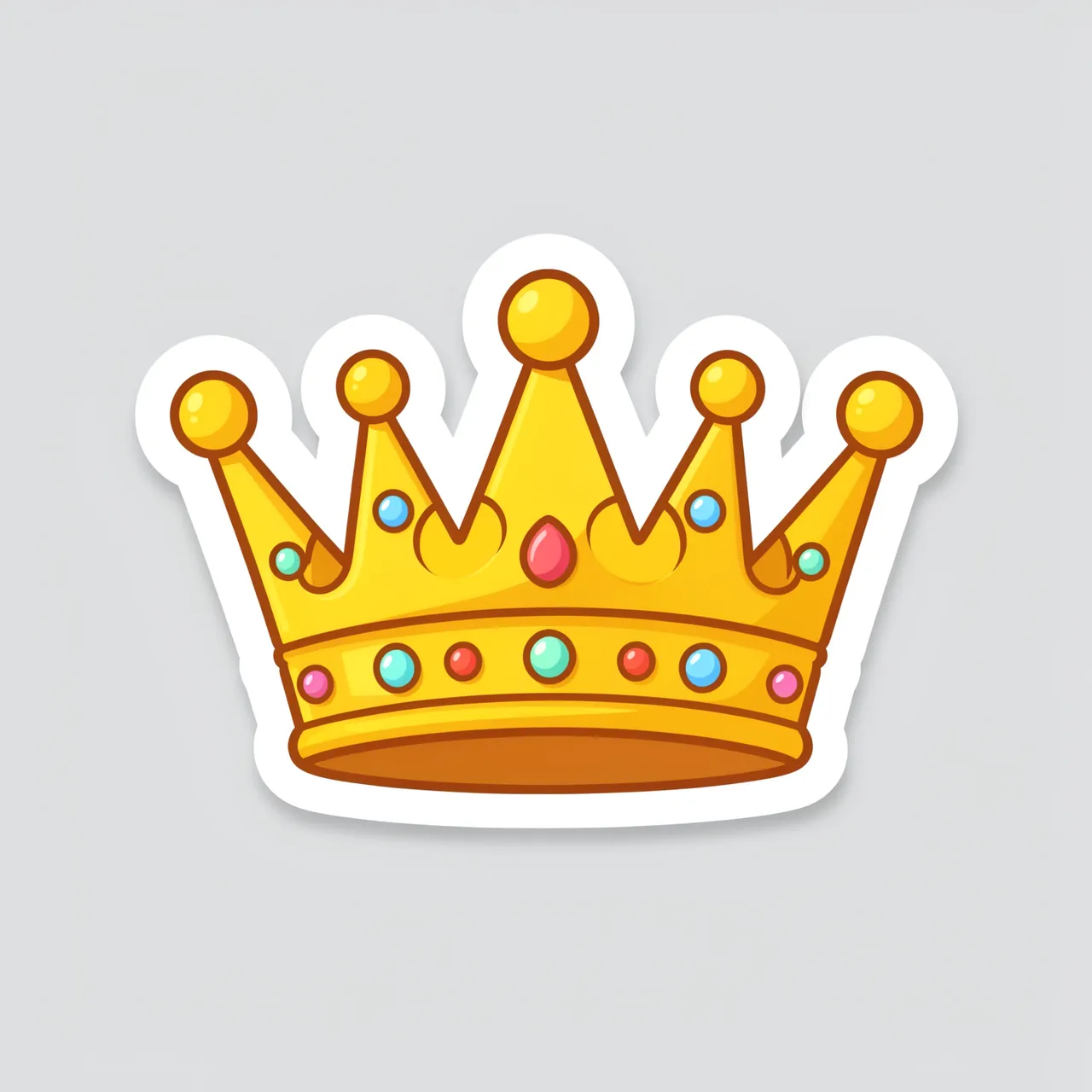 A cute flat illustrated golden jeweled crown die-cut sticker with a thick white border on a light gray background