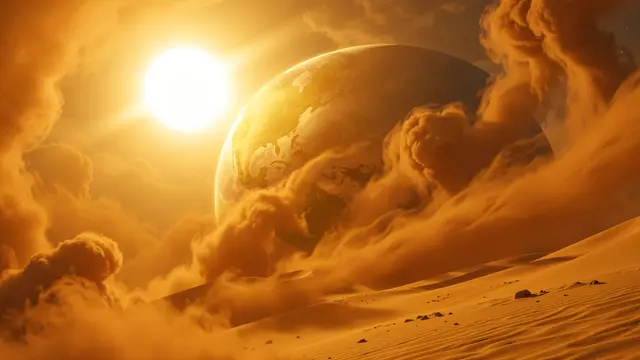 A glowing white star illuminates a golden desert world wreathed in swirling orange dust storms above sand dunes