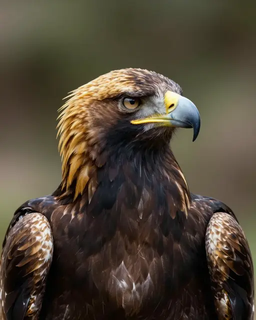 Sharp close-up portrait of a golden eagle with distinctive golden nape feathers against a blurred natural background