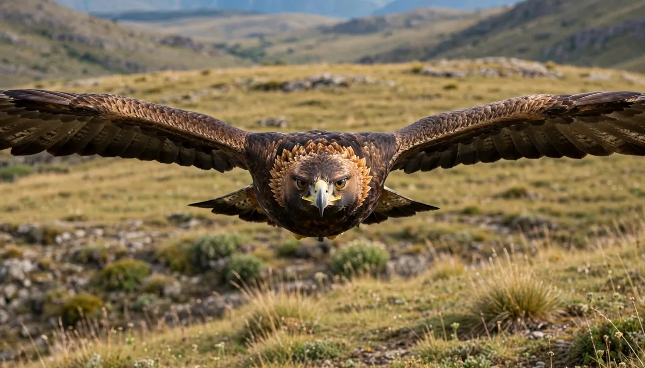 A golden eagle flies directly toward the camera with wings level low over a grassy rocky plateau