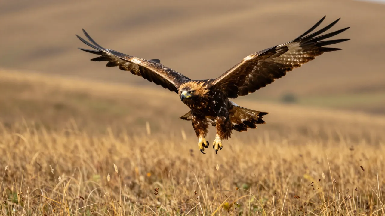 A golden eagle with fully spread wide wings flies low over dry golden autumn moorland grass