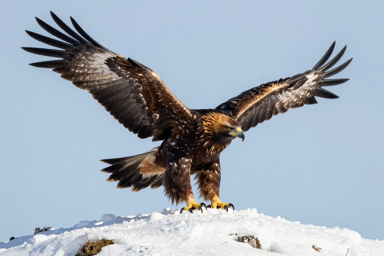 A golden eagle with outstretched wings perches on a snow-covered ridge under a clear pale blue winter sky