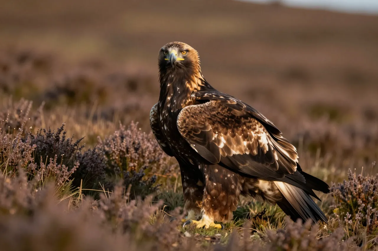A golden eagle stands among heather on a moorland hillside lit by warm evening light.