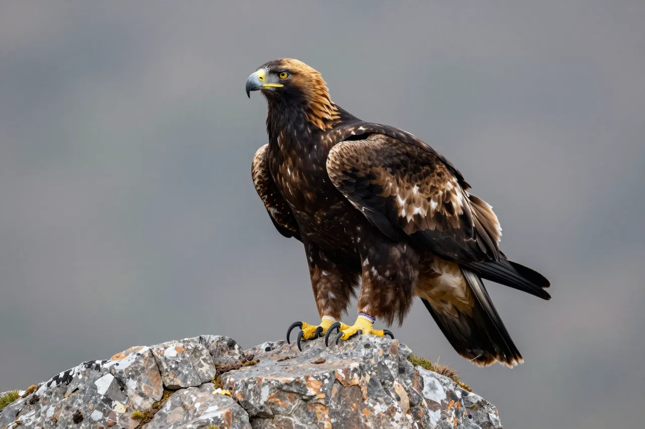 A golden eagle stands alert perched on a weathered rocky outcrop against a soft blurred background