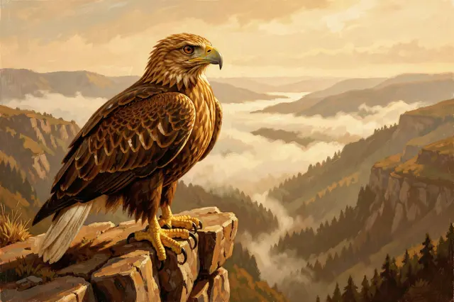 Oil painting of a golden eagle perched on a stone outcrop overlooking a misty mountain valley