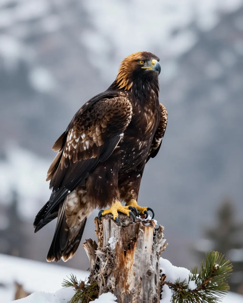 A golden eagle with a golden nape perched upright on a weathered snow-dusted pine stump in a mountain winter landscape.