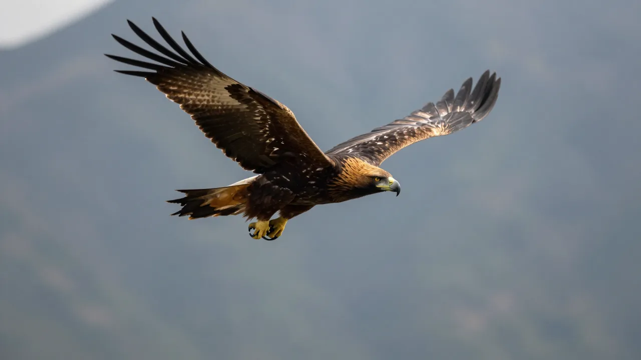 A golden eagle with spread wings flies in front of a hazy blurred mountain range