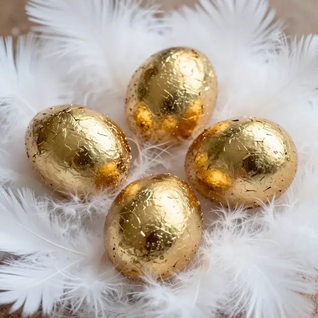 Four textured gold-leaf Easter eggs rest nestled in soft fluffy white feathers.