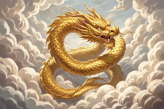 A scaled golden eastern dragon coils gracefully through billowing stylized clouds