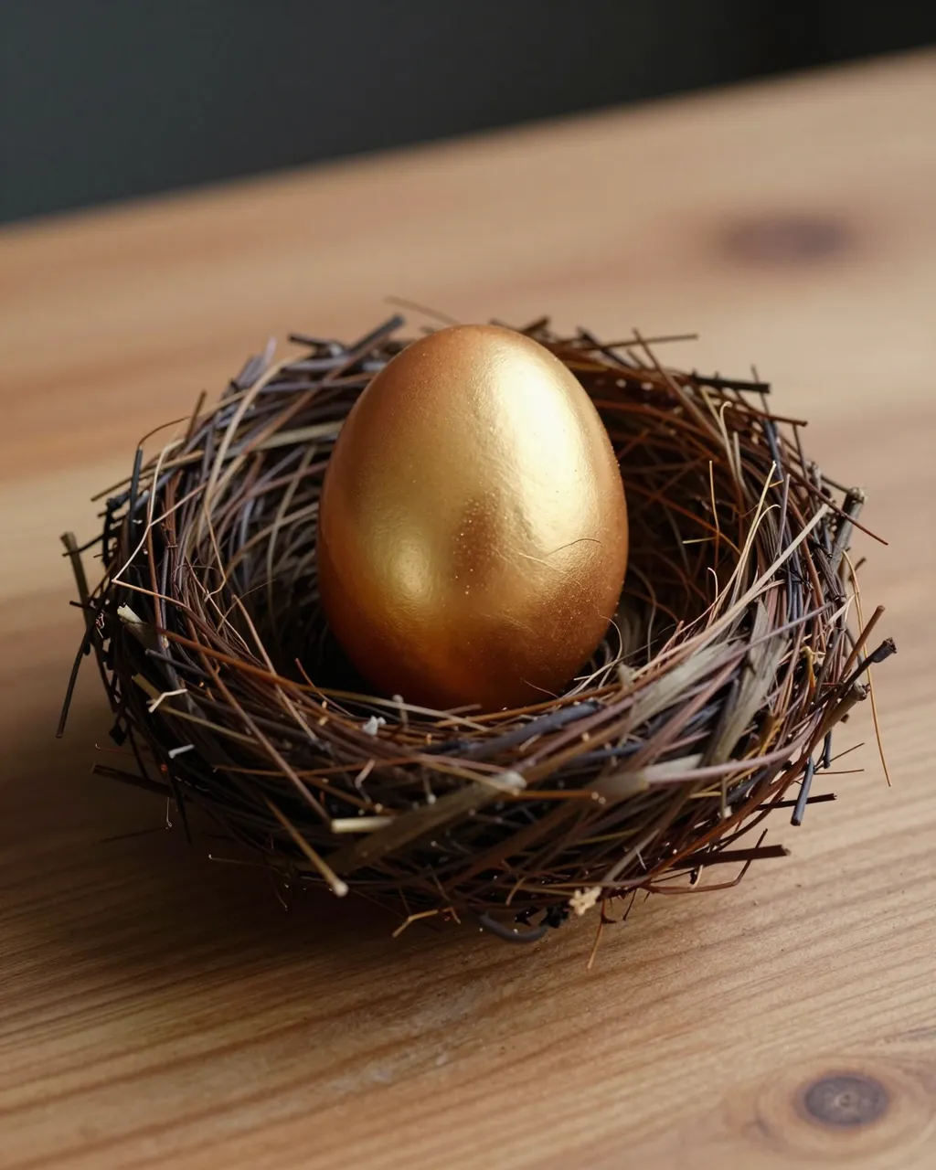 A twig bird nest holding a single shiny golden egg rests on a light wooden tabletop