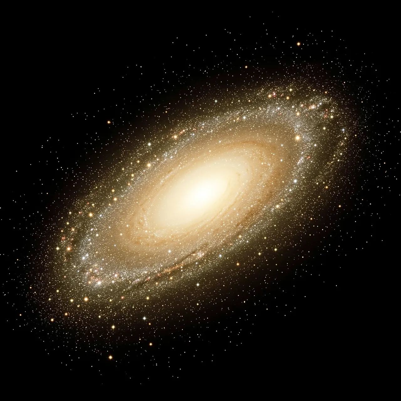 Glowing golden oval galaxy of countless stars set against deep black outer space