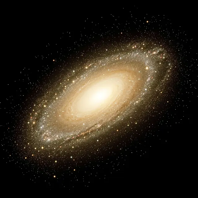 Glowing golden oval galaxy of countless stars set against deep black outer space