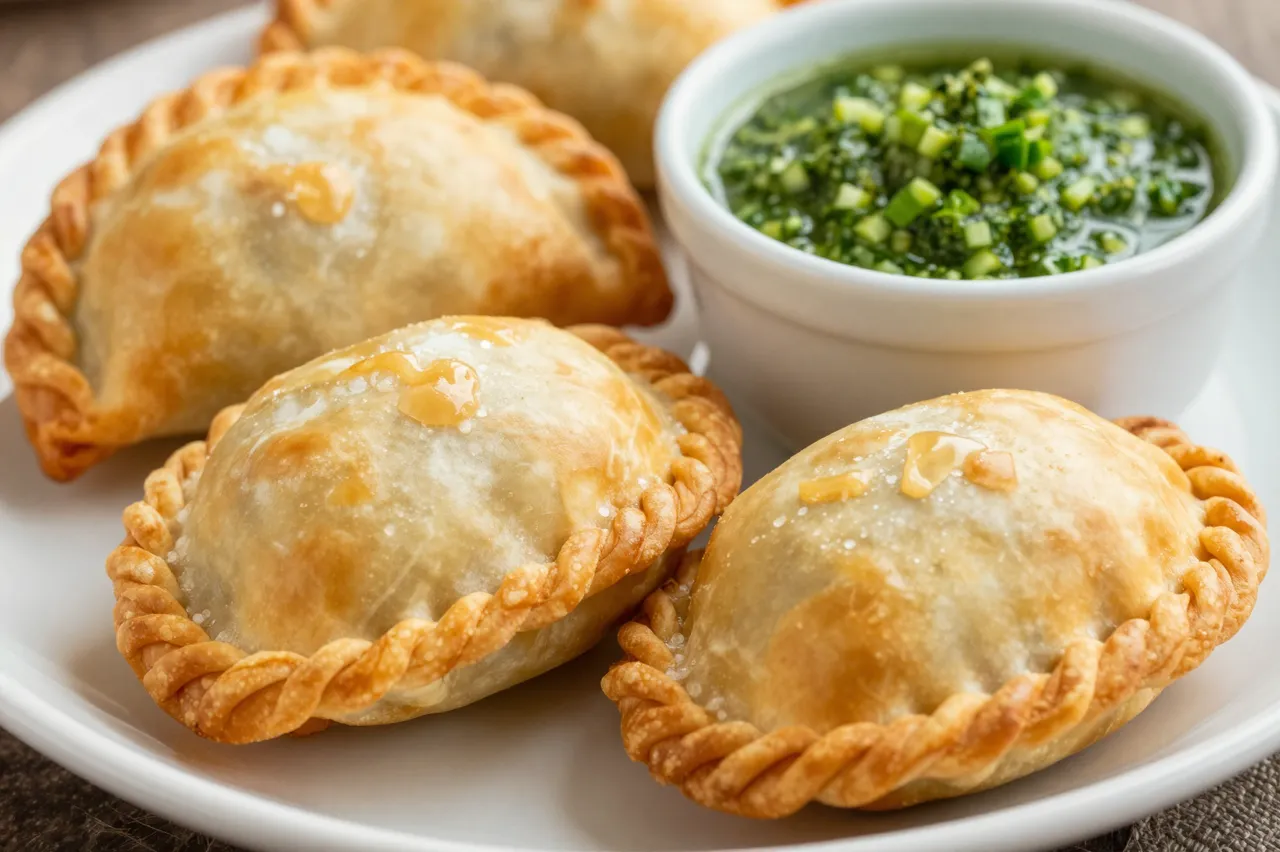 Crimped golden baked empanadas sit on a white plate next to a small bowl of green chimichurri sauce.