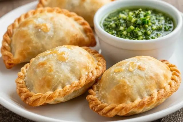 Crimped golden baked empanadas sit on a white plate next to a small bowl of green chimichurri sauce.