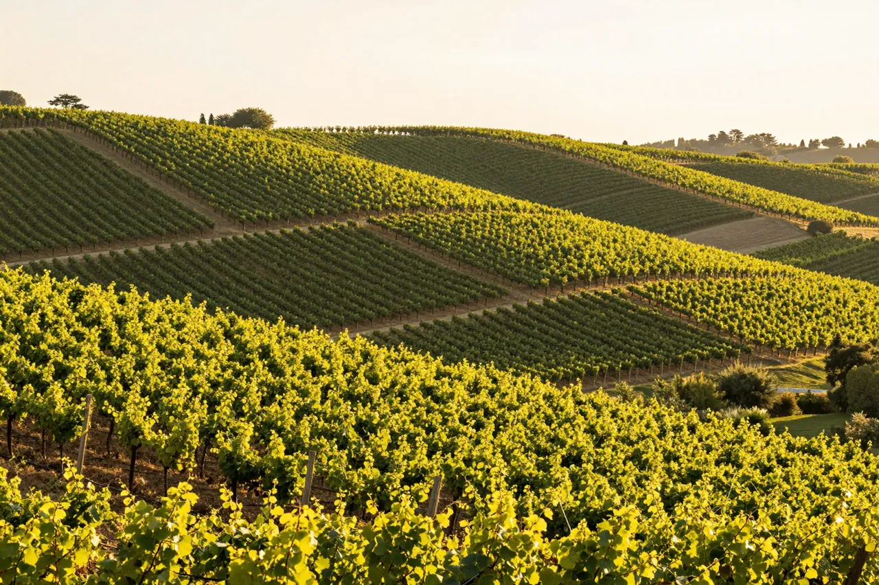 Rolling vineyard rows glow in warm golden late afternoon sunlight across rolling hills