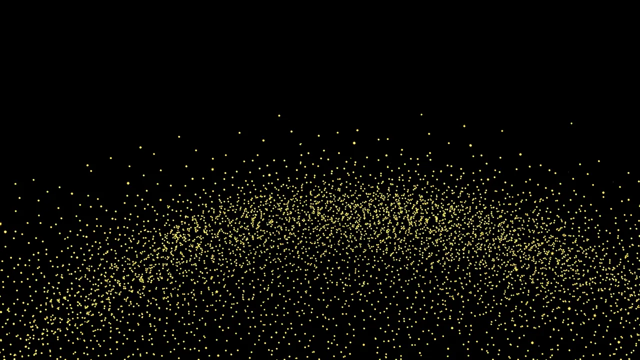 Dense drifting cluster of tiny golden glowing lights spreads across the lower half of a solid pure black background