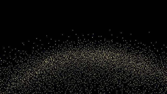 Dense drifting cluster of tiny golden glowing lights spreads across the lower half of a solid pure black background