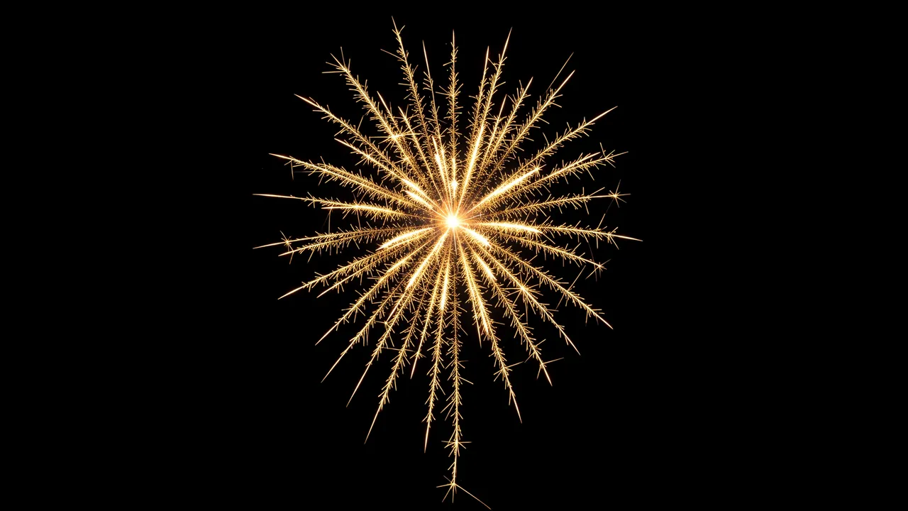 A single radiating golden firework burst with trailing sparks sits against a solid pure black background