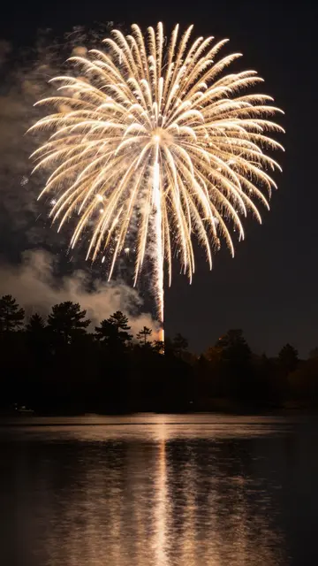 Bright golden fireworks burst over dark pine trees with a glow reflecting on calm lake water at night