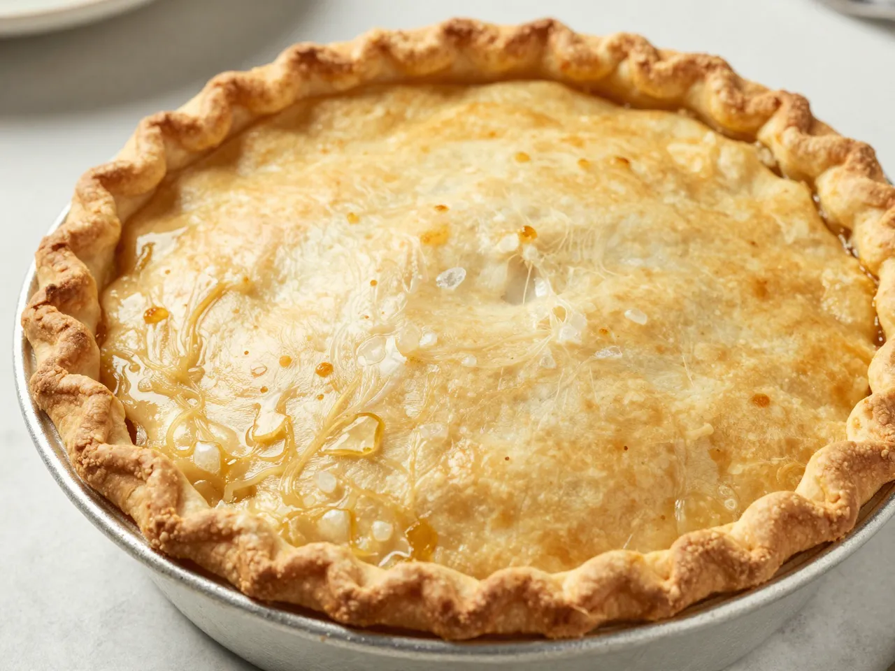 Whole baked chicken pot pie with a golden crimped flaky crust resting in a metal pie tin