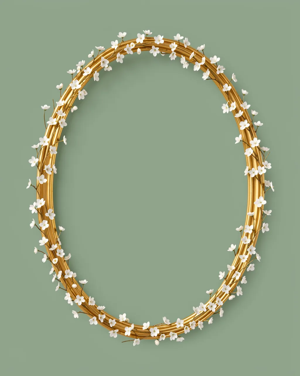 An empty gold oval frame wrapped in tiny white blossoms sits on a sage green background