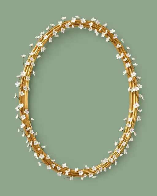 An empty gold oval frame wrapped in tiny white blossoms sits on a sage green background