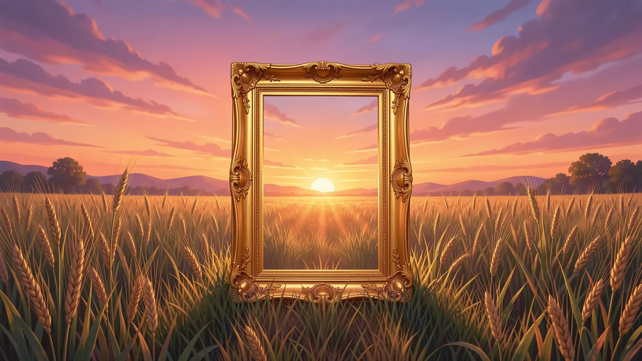 An ornate golden picture frame stands in a wheat field, framing a glowing sunset over distant hills.
