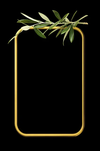 Empty gold rounded rectangle frame with an olive sprig resting on its top edge against a solid black background