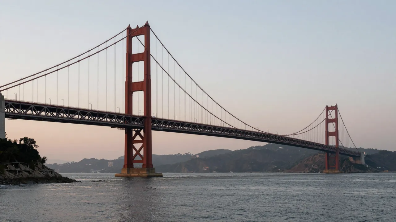 Reddish suspension bridge spans a calm bay under a soft gradient dusk sky with distant hills