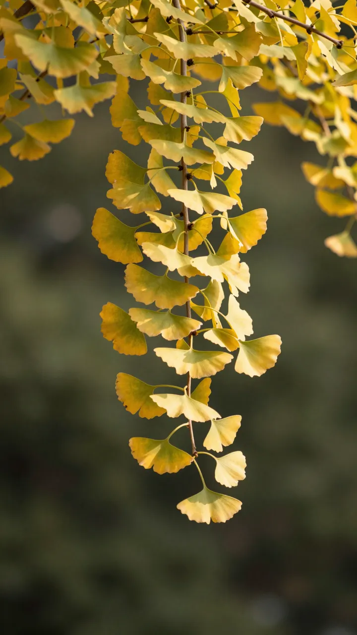 Backlit golden fan-shaped ginkgo leaves hang from a slender branch against soft blurred green foliage