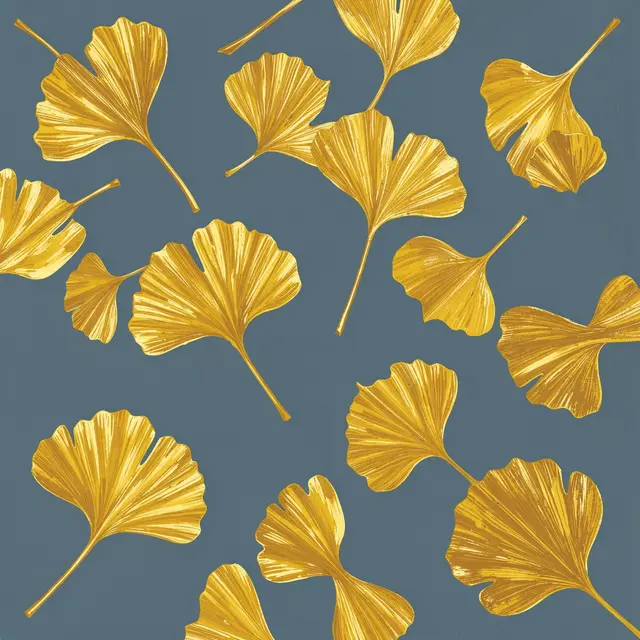 Hand-painted golden ginkgo leaves scattered at varied angles across a slate blue background