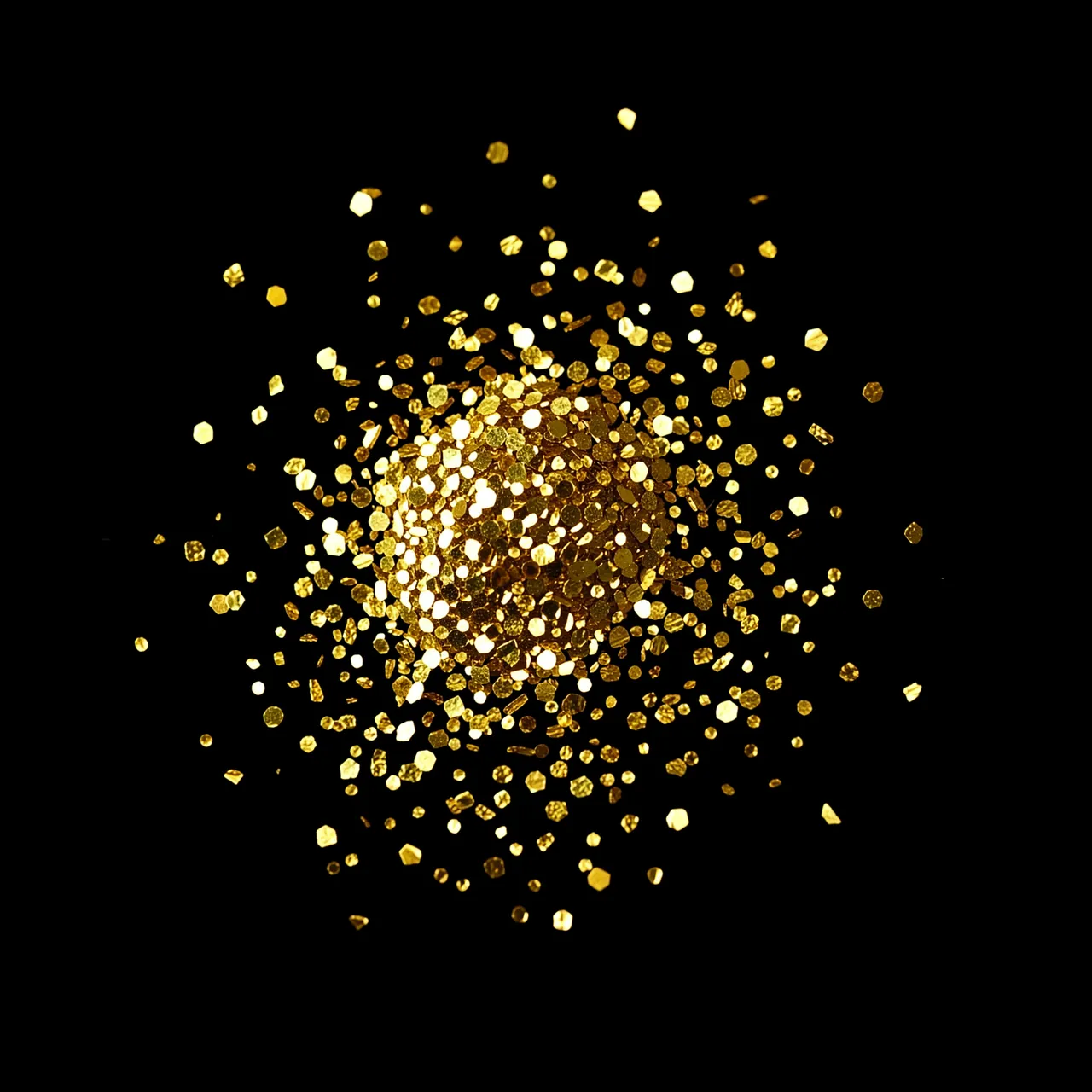 A scattered burst of reflective gold glitter flakes spreads across a solid pure black background