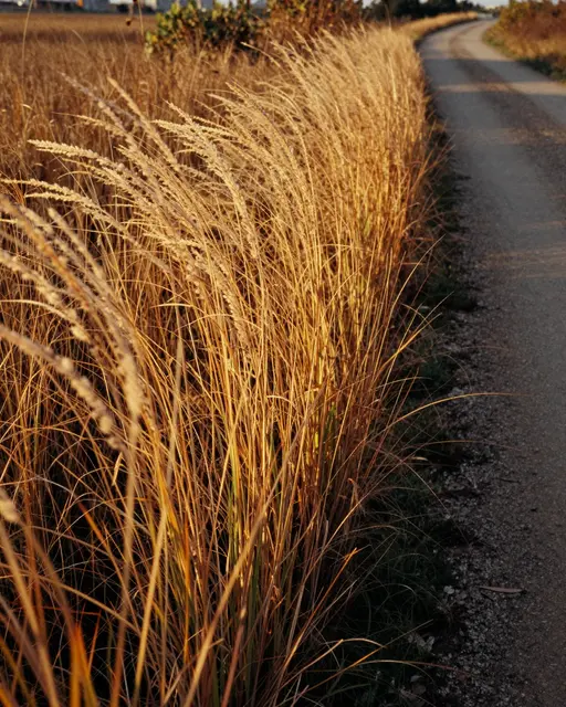 Tall golden autumn grass glows in warm sunset light alongside a winding rural dirt road