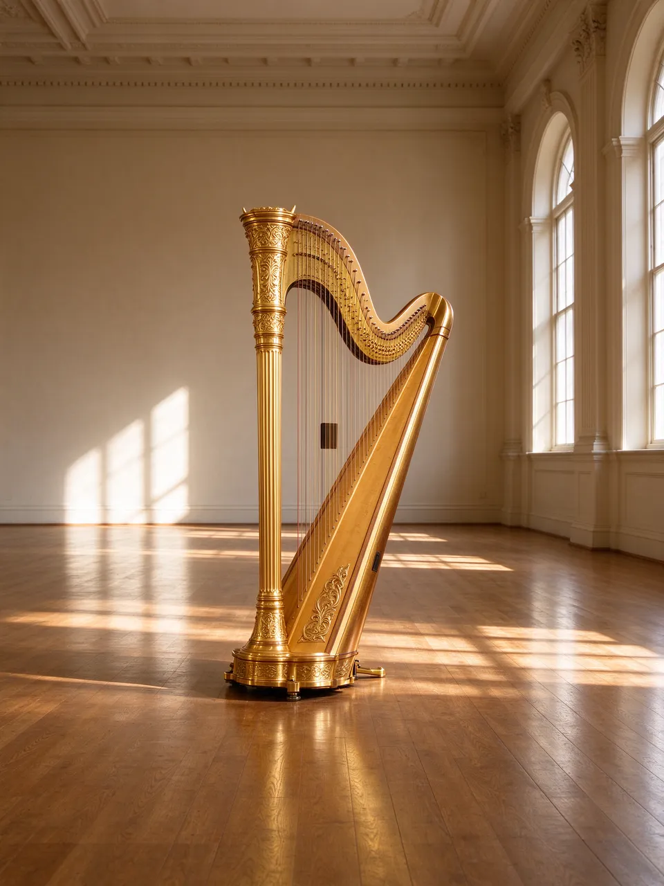 An ornate golden concert harp stands alone on a polished wooden floor in a sunlit empty classical hall.