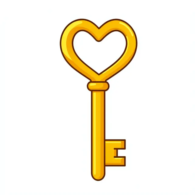 Flat cartoon illustration of a golden key with a heart-shaped handle isolated on a plain white background