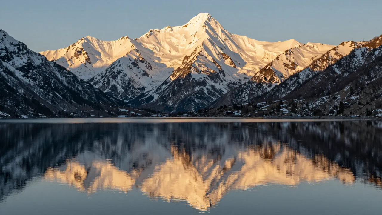 Sunlit snow-capped mountain range is reflected in a perfectly calm alpine lake at golden hour