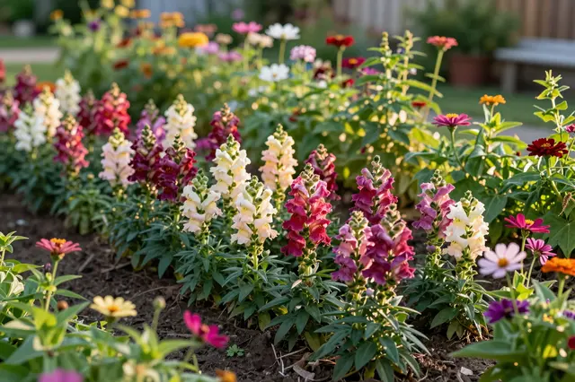 Rows of colorful snapdragons and zinnias glow in warm golden hour sunlight in a backyard cutting garden