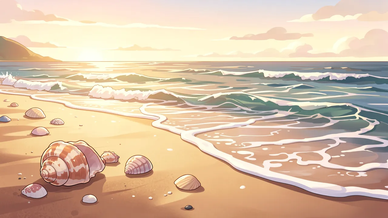 Anime-style illustration of seashells scattered on a quiet sandy beach with gentle rolling waves at golden hour.