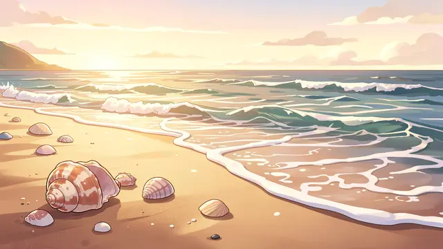 Anime-style illustration of seashells scattered on a quiet sandy beach with gentle rolling waves at golden hour.