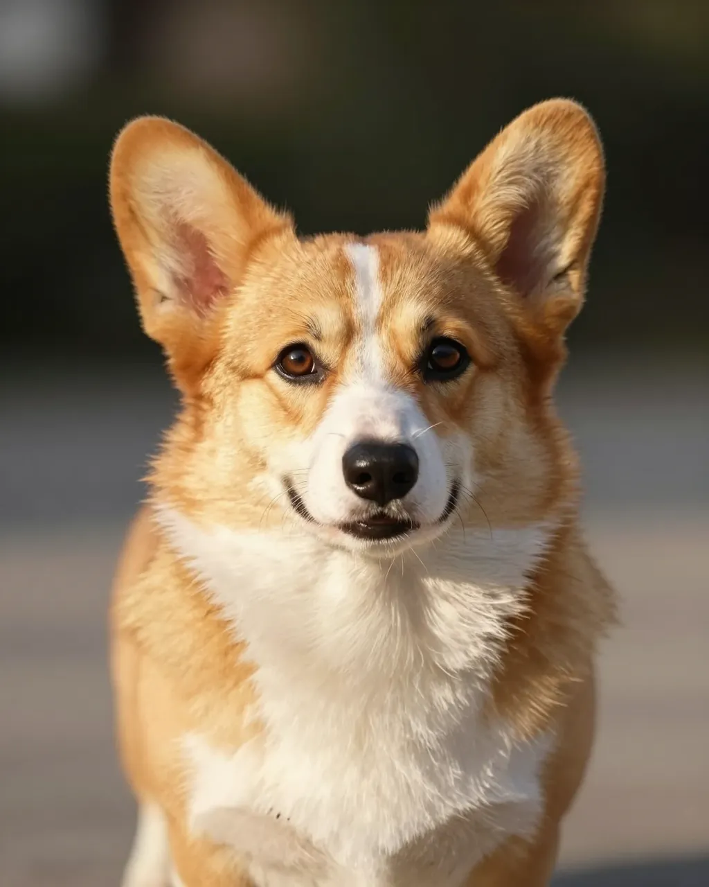 Close-up portrait of a tan and white corgi with large upright ears lit by warm golden hour light