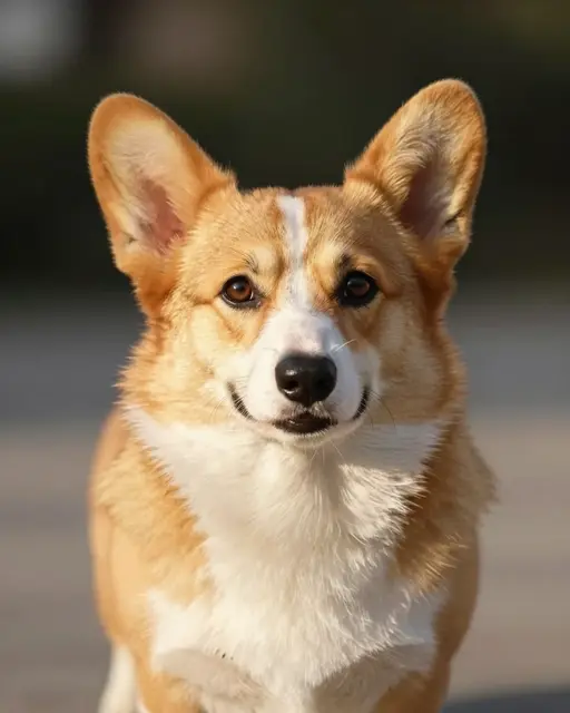 Close-up portrait of a tan and white corgi with large upright ears lit by warm golden hour light