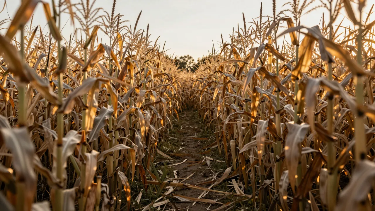 A narrow dirt path cuts through tall dry corn stalks glowing in warm golden hour light
